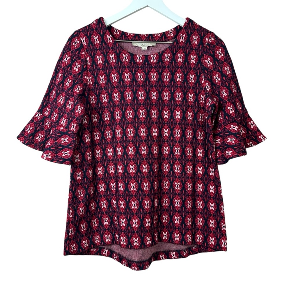 Loft Red Print Top Ruffle Sleeves Women Sz M